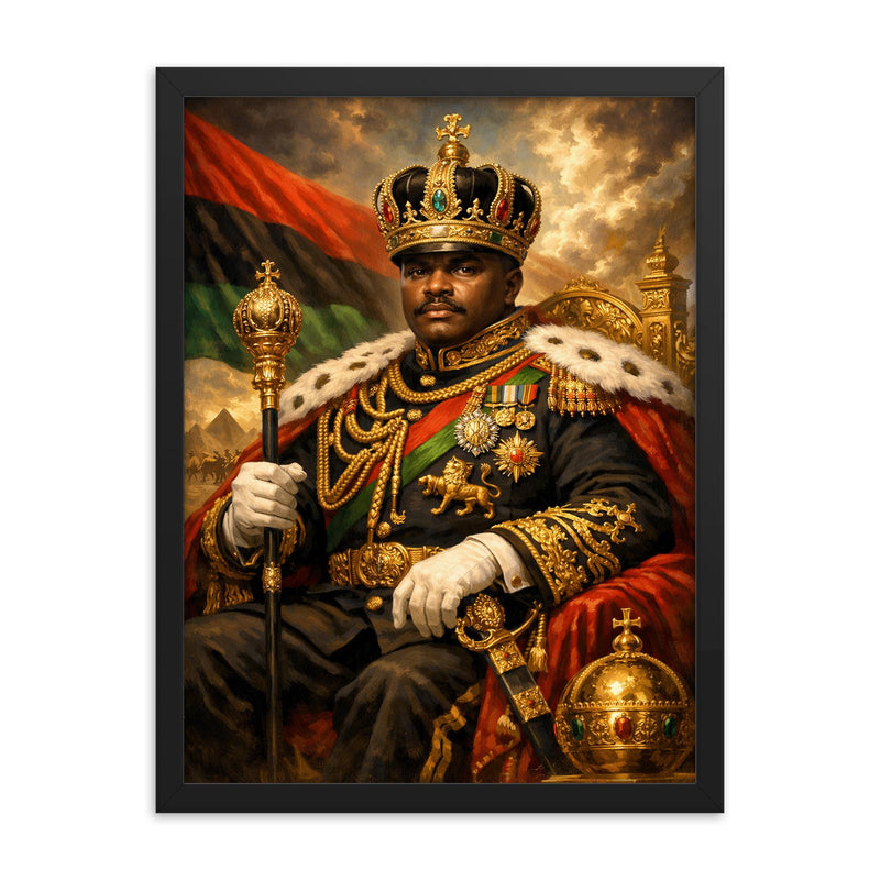 Marcus Garvey in imperial uniform grandeur framed print on a plain backdrop in size 18