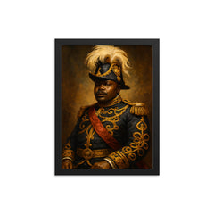 Marcus Garvey in plumed ceremonial regalia framed print on a plain backdrop in size 12"x16".
