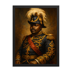 Marcus Garvey in plumed ceremonial regalia framed print on a plain backdrop in size 18"x24".