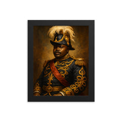 Marcus Garvey in plumed ceremonial regalia framed print on a plain backdrop in size 8"x10".