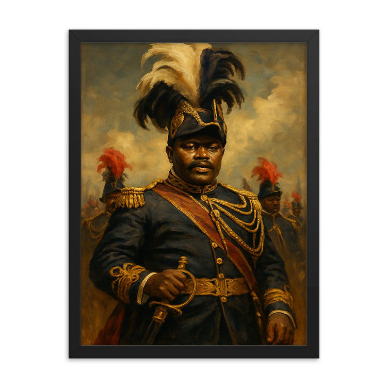 Marcus Garvey in plumed procession grandeur framed print on a plain backdrop in size 18