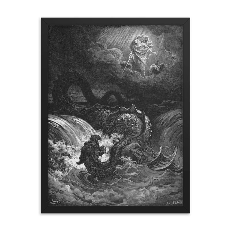 Marduk Slaying Tiamat by Gustave Doré framed print on a plain backdrop in size 18