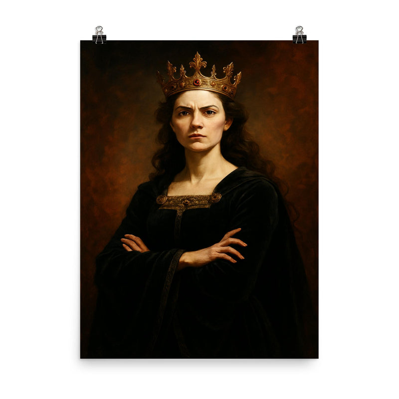 Margaret of Anjou in black velvet defiance poster on a plain backdrop in size 8