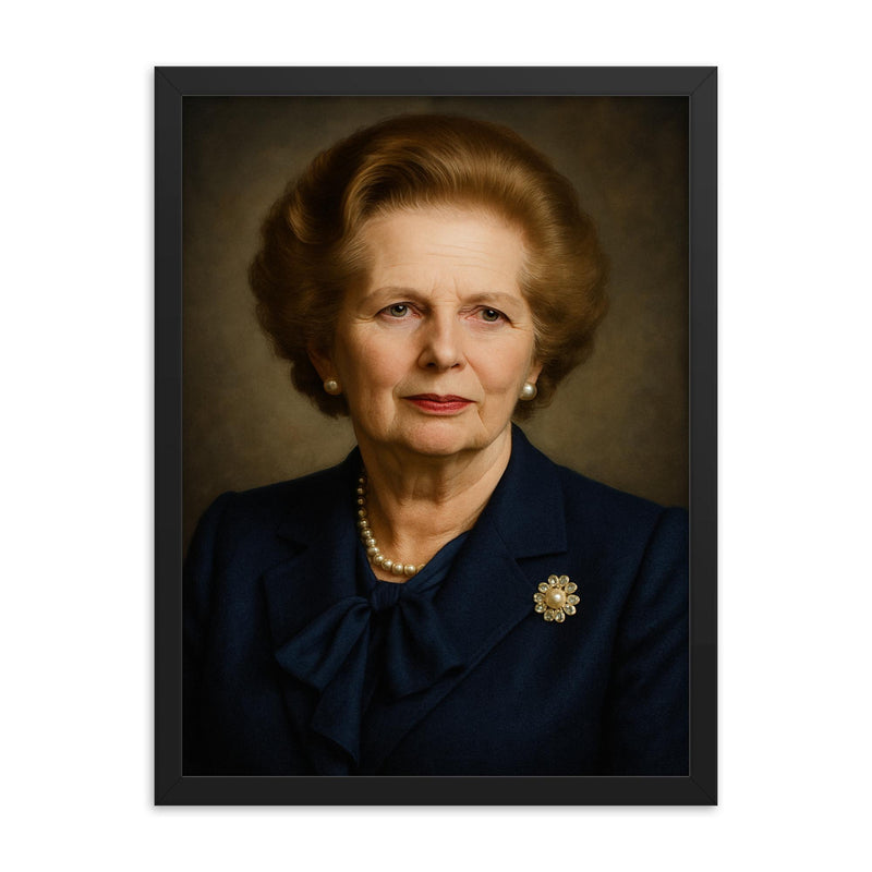 Margaret Thatcher portrait framed print on a plain backdrop in size 18