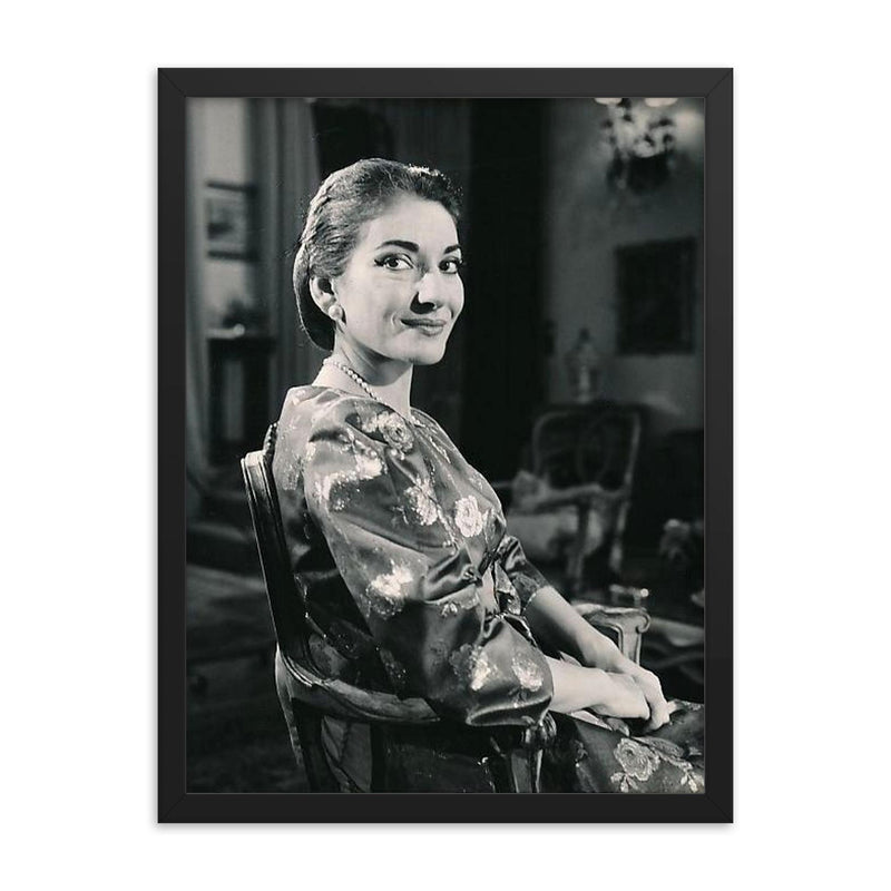 Maria Callas framed print on a plain backdrop in size 18