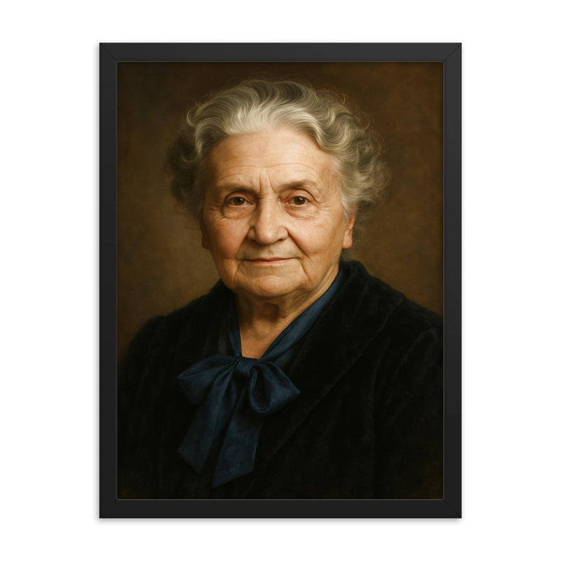 Maria Montessori portrait framed print on a plain backdrop in size 18