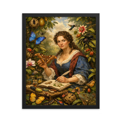Maria Sibylla Merian among Surinam insects framed print on a plain backdrop in size 16"x20".