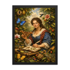 Maria Sibylla Merian among Surinam insects framed print on a plain backdrop in size 18"x24".