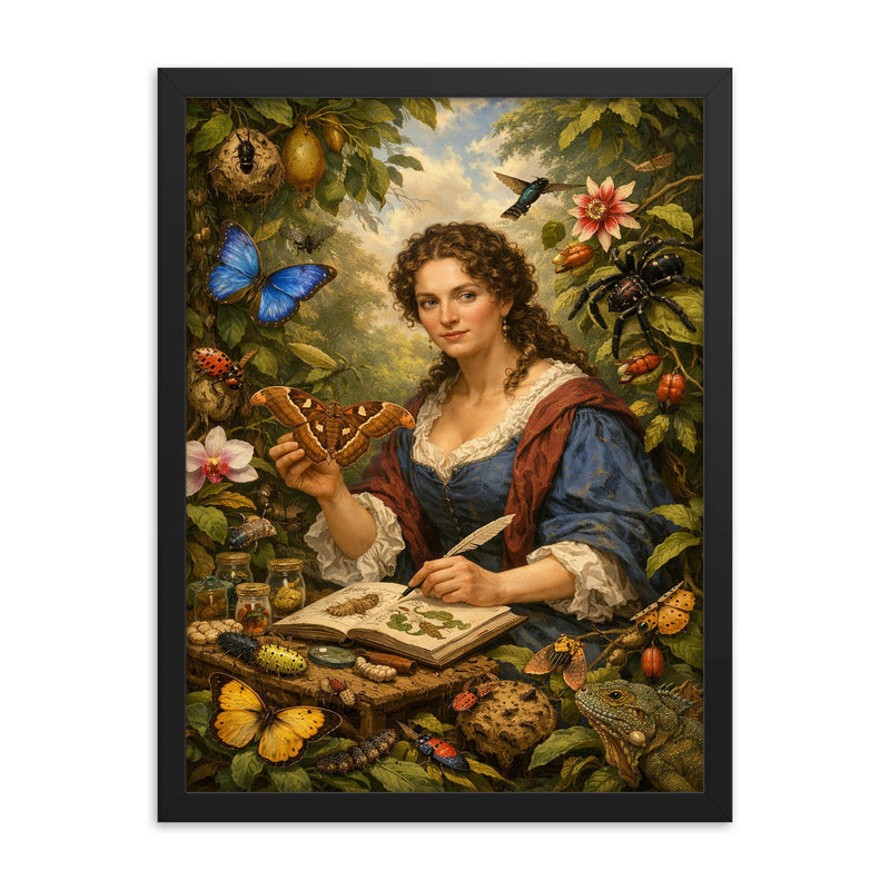 Maria Sibylla Merian among Surinam insects framed print on a plain backdrop in size 18