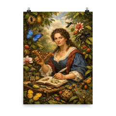Maria Sibylla Merian among Surinam insects poster on a plain backdrop in size 8"x10".