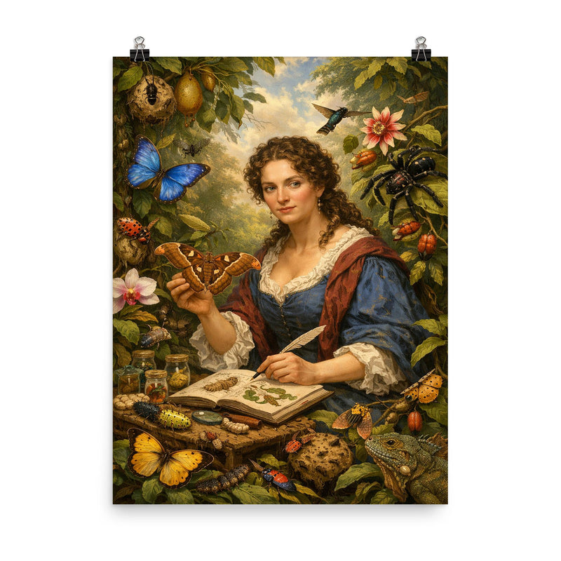 Maria Sibylla Merian among Surinam insects poster on a plain backdrop in size 8