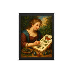 Maria Sibylla Merian painting Surinam insects framed print on a plain backdrop in size 12"x16".