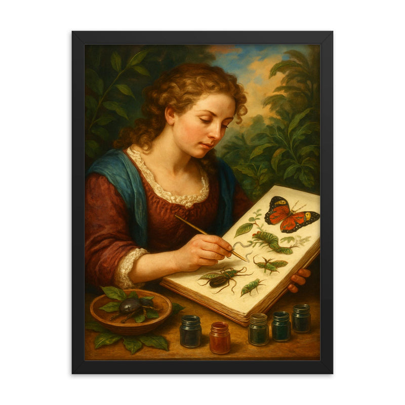 Maria Sibylla Merian painting Surinam insects framed print on a plain backdrop in size 18