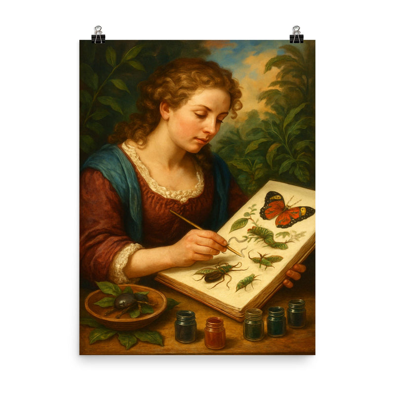 Maria Sibylla Merian painting Surinam insects poster on a plain backdrop in size 8