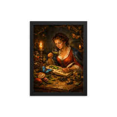 Maria Sibylla Merian studying Surinam insects by candlelight framed print on a plain backdrop in size 12"x16".