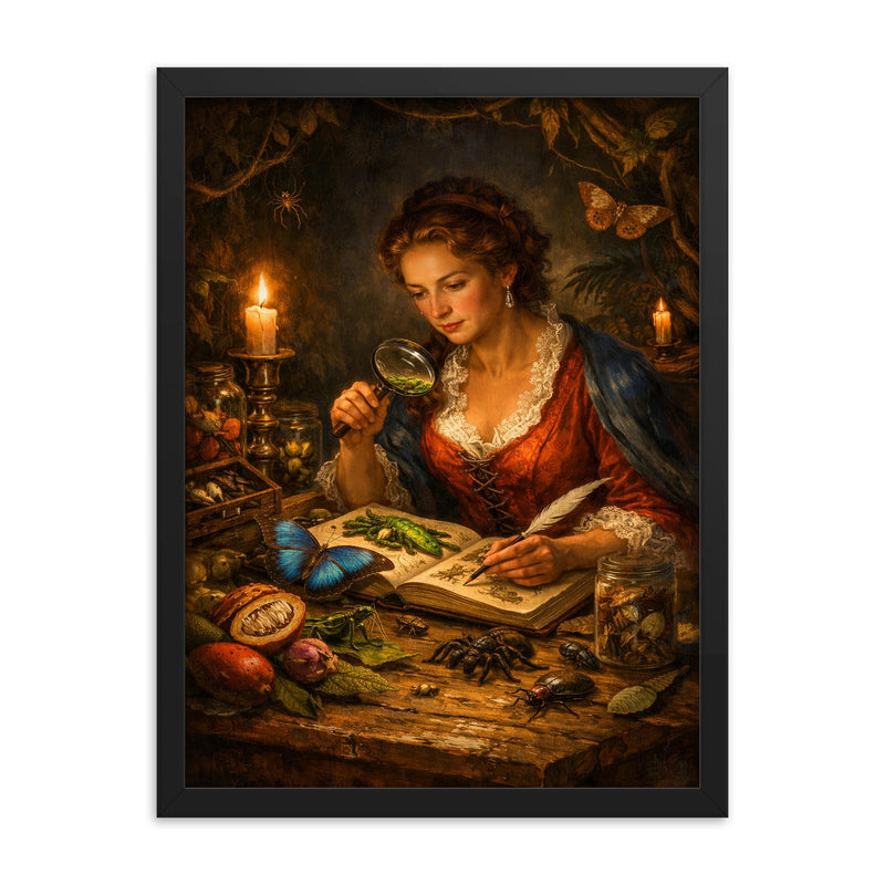 Maria Sibylla Merian studying Surinam insects by candlelight framed print on a plain backdrop in size 18