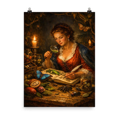 Maria Sibylla Merian studying Surinam insects by candlelight poster on a plain backdrop in size 8"x10".