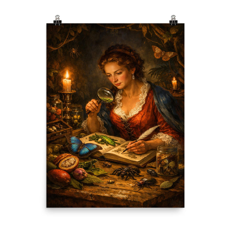 Maria Sibylla Merian studying Surinam insects by candlelight poster on a plain backdrop in size 8