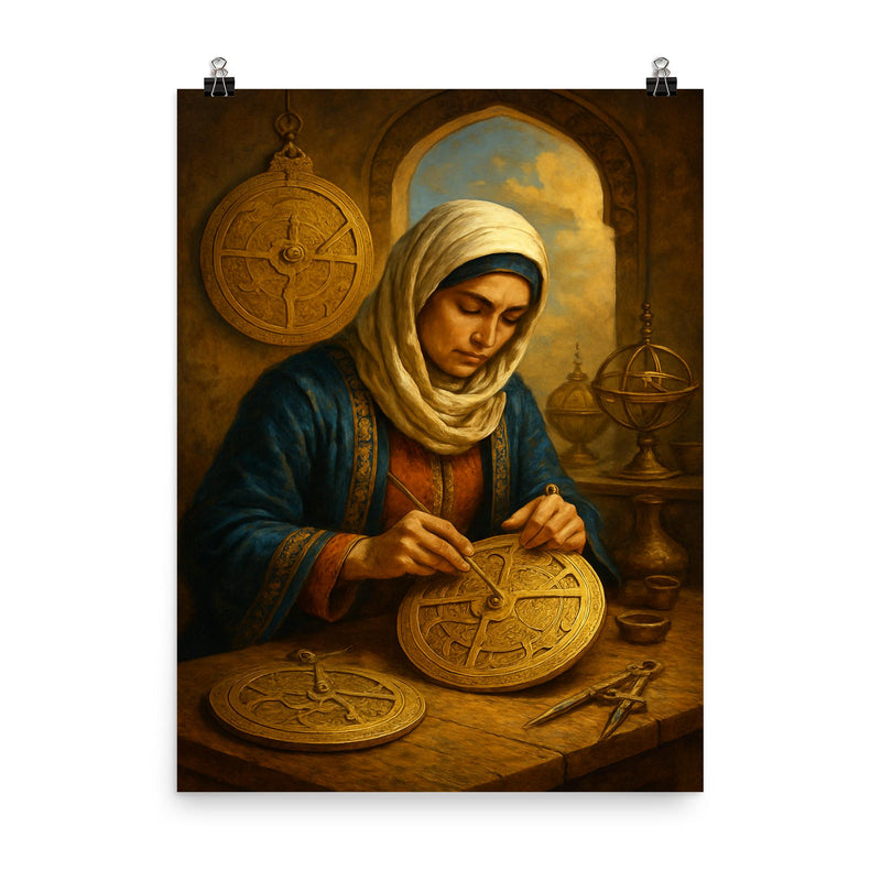 Mariam al Asturlabi crafting brass astrolabes poster on a plain backdrop in size 8