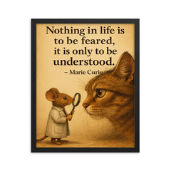 marie curie quote brave mouse studying large cat nothing in life to be feared only understood framed print on a plain backdrop in size 16"x20".