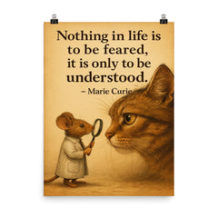 marie curie quote brave mouse studying large cat nothing in life to be feared only understood poster on a plain backdrop in size 8"x10".