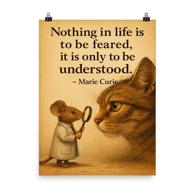 marie curie quote brave mouse studying large cat nothing in life to be feared only understood poster on a plain backdrop in size 8