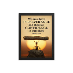 Marie Curie quote perseverance confidence ant lifting heavy object framed print on a plain backdrop in size 12"x16".