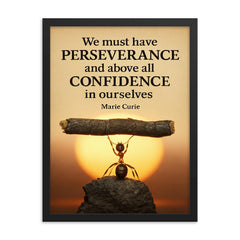 Marie Curie quote perseverance confidence ant lifting heavy object framed print on a plain backdrop in size 18"x24".