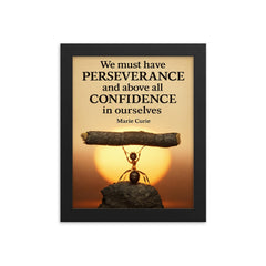 Marie Curie quote perseverance confidence ant lifting heavy object framed print on a plain backdrop in size 8"x10".