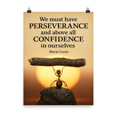 Marie Curie quote perseverance confidence ant lifting heavy object poster on a plain backdrop in size 8"x10".