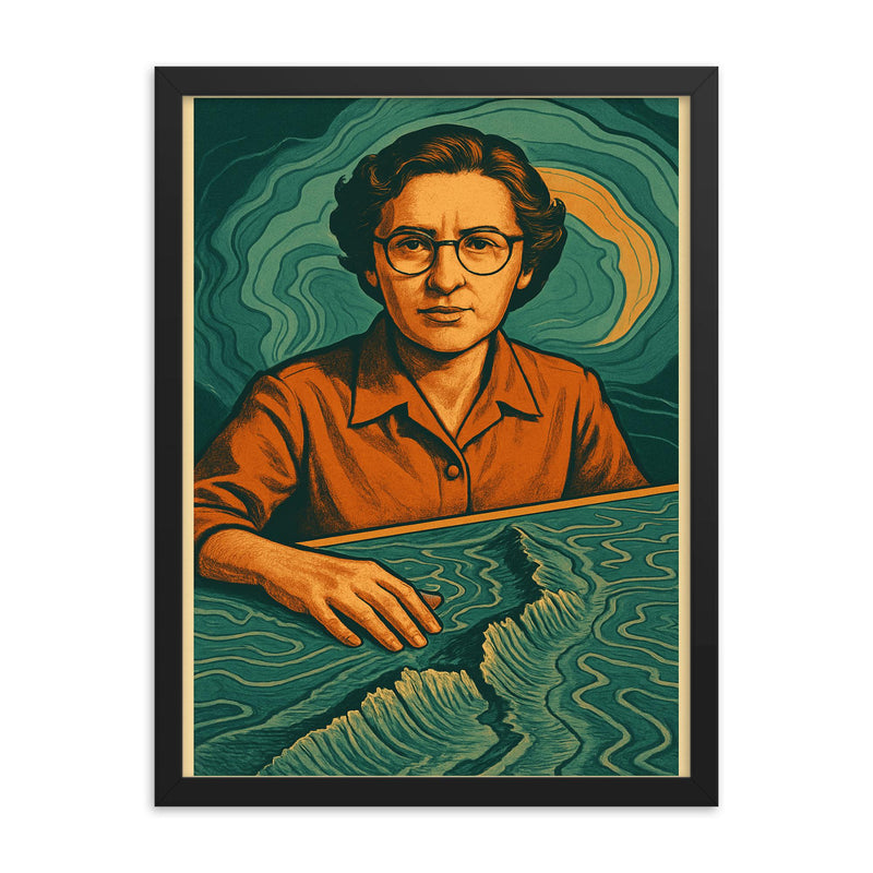 Marie Tharp framed print on a plain backdrop in size 18