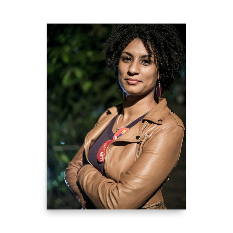 Marielle Franco poster on a plain backdrop in size 18