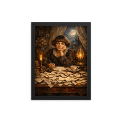 Marina Tsvetaeva at desk of torn letters framed print on a plain backdrop in size 12"x16".