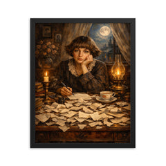 Marina Tsvetaeva at desk of torn letters framed print on a plain backdrop in size 16"x20".
