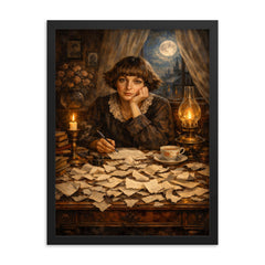 Marina Tsvetaeva at desk of torn letters framed print on a plain backdrop in size 18"x24".