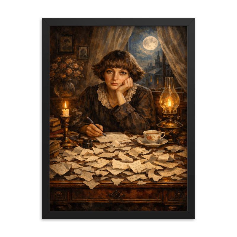 Marina Tsvetaeva at desk of torn letters framed print on a plain backdrop in size 18