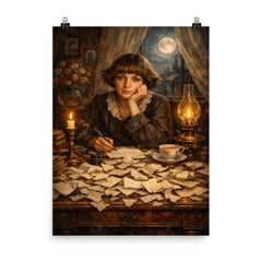 Marina Tsvetaeva at desk of torn letters poster on a plain backdrop in size 8"x10".