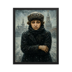 Marina Tsvetaeva in fierce Moscow winter framed print on a plain backdrop in size 16"x20".