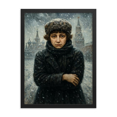 Marina Tsvetaeva in fierce Moscow winter framed print on a plain backdrop in size 18"x24".