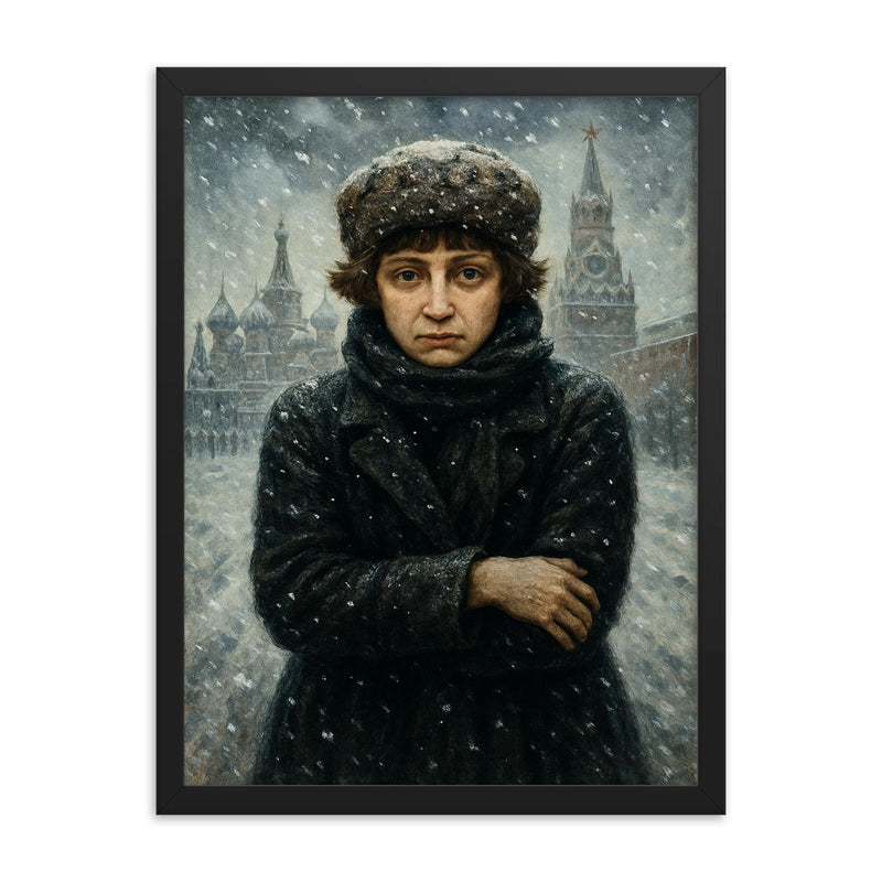 Marina Tsvetaeva in fierce Moscow winter framed print on a plain backdrop in size 18