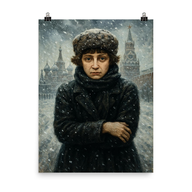 Marina Tsvetaeva in fierce Moscow winter poster on a plain backdrop in size 8