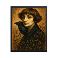 Marina Tsvetaeva with raven letters framed print on a plain backdrop in size 16"x20".