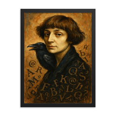 Marina Tsvetaeva with raven letters framed print on a plain backdrop in size 18"x24".