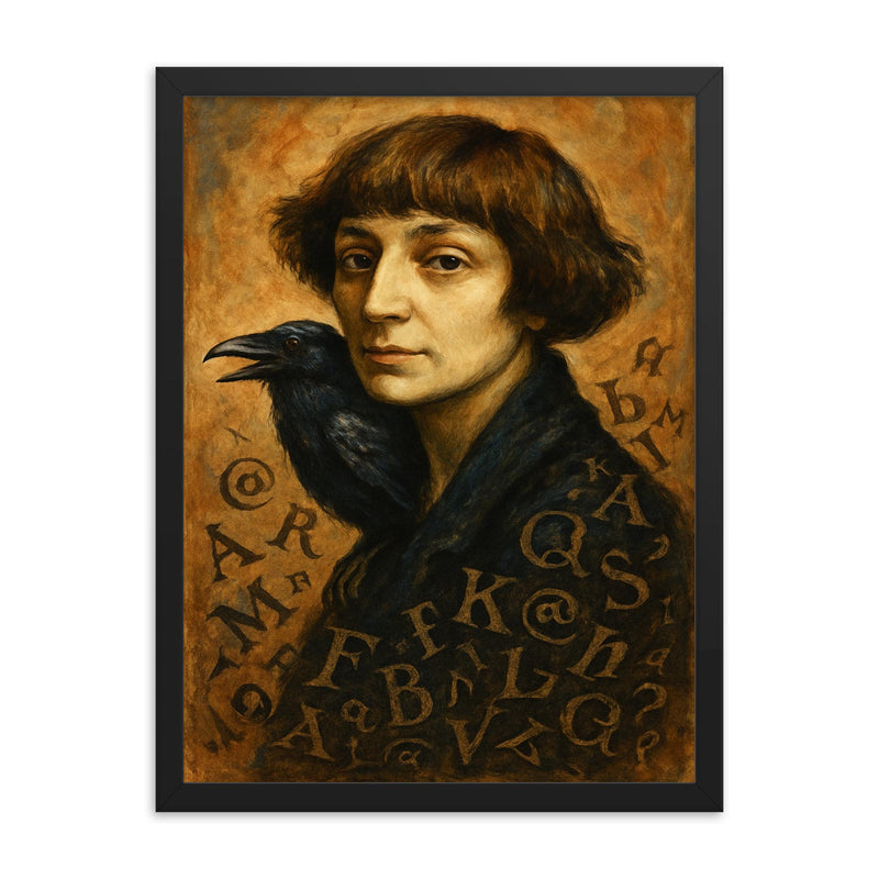 Marina Tsvetaeva with raven letters framed print on a plain backdrop in size 18