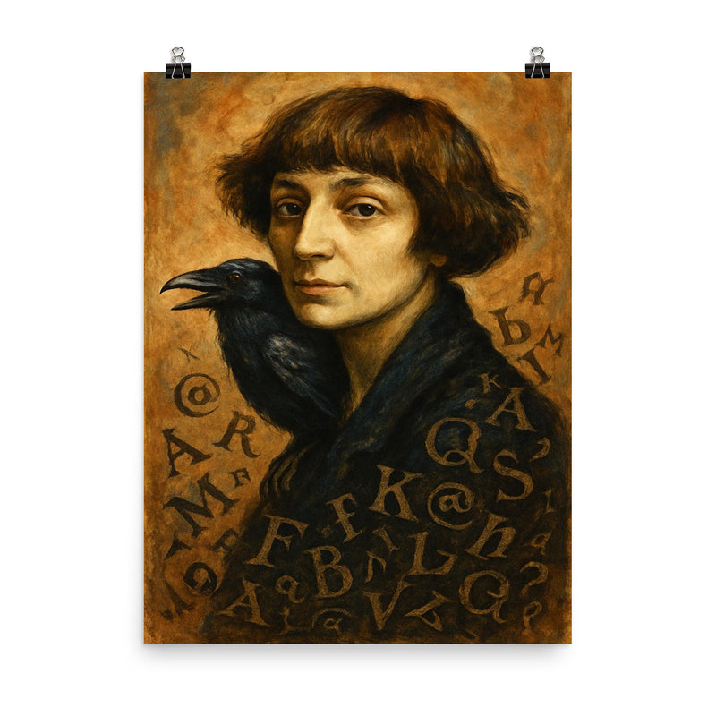 Marina Tsvetaeva with raven letters poster on a plain backdrop in size 8