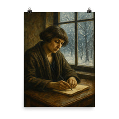 Marina Tsvetaeva writing by window in exile snow poster on a plain backdrop in size 8"x10".