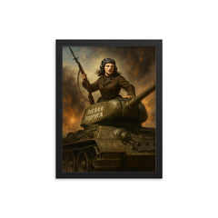 Mariya Oktyabrskaya atop Fighting Girlfriend tank framed print on a plain backdrop in size 12"x16".