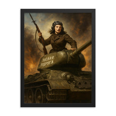 Mariya Oktyabrskaya atop Fighting Girlfriend tank framed print on a plain backdrop in size 18"x24".