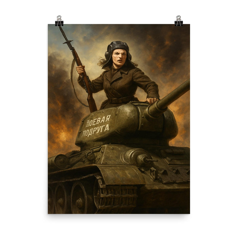 Mariya Oktyabrskaya atop Fighting Girlfriend tank poster on a plain backdrop in size 8