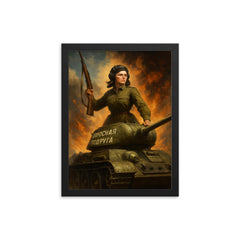 Mariya Oktyabrskaya atop her tank Fighting Girlfriend framed print on a plain backdrop in size 12"x16".